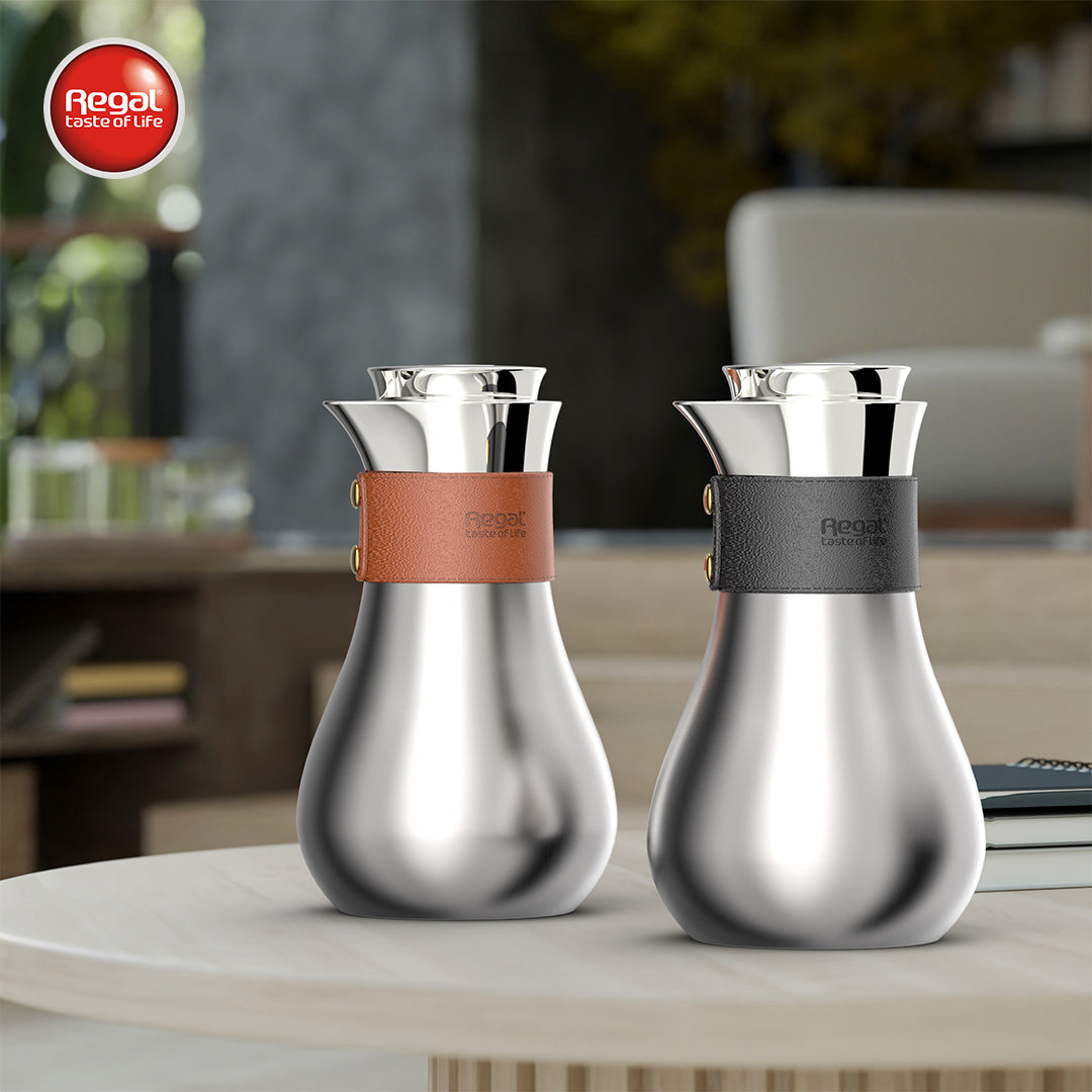 Ripple Regal Insulated Stainless Steel Beverage Jug – 0.7L Double Wall Design with Leather Wrap (Jet Black / Brown or Black)