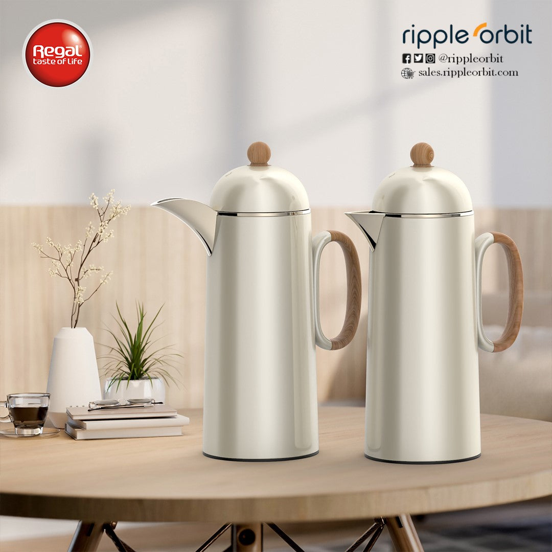 Regal by Ripple 1L + 1L Vacuum Flask Set – Double Wall Stainless Steel Coffee & Tea Server with Glass Liner, Insulated Hot & Cold Beverage Carafe, Elegant Arabic Dallah Style (8 Colors Available)