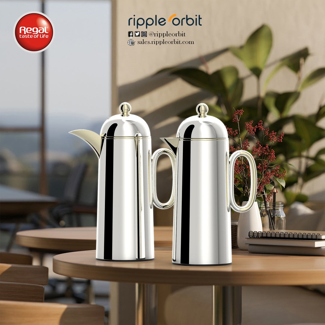 Regal by Ripple 1L + 1L Vacuum Flask Set – Double Wall Stainless Steel Coffee & Tea Server with Glass Liner, Insulated Hot & Cold Beverage Carafe, Elegant Arabic Dallah Style (8 Colors Available)