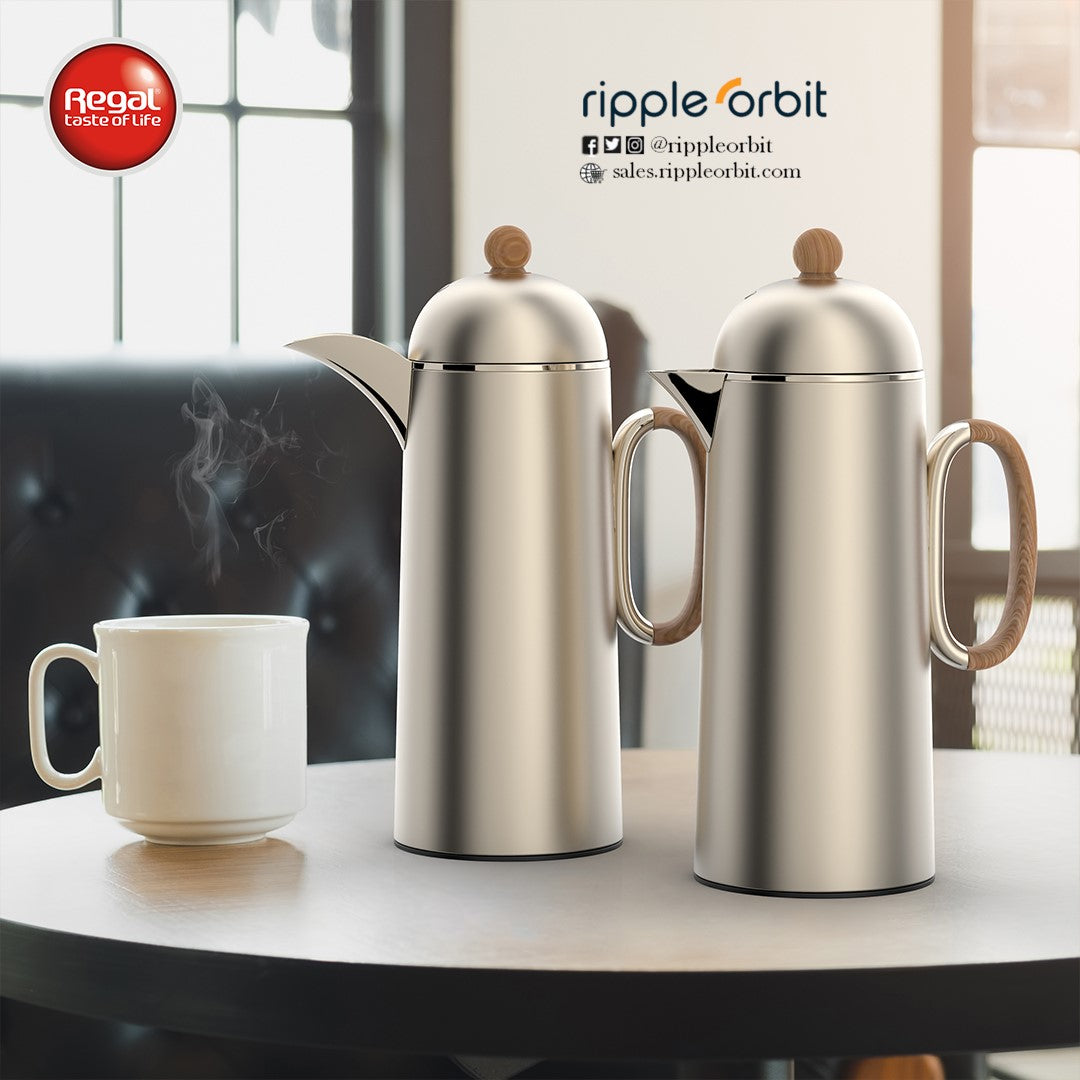 Regal by Ripple 1L + 1L Vacuum Flask Set – Double Wall Stainless Steel Coffee & Tea Server with Glass Liner, Insulated Hot & Cold Beverage Carafe, Elegant Arabic Dallah Style (8 Colors Available)