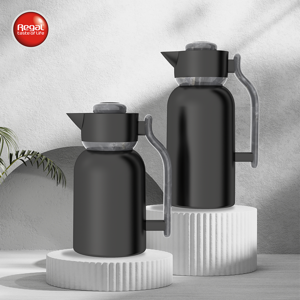 Regal Vacuum Flask Set by Ripple – 1.0L & 1.3L Double Wall Stainless Steel Beverage Server, Matt Black & Gray, Hot & Cold Insulated Flask Set