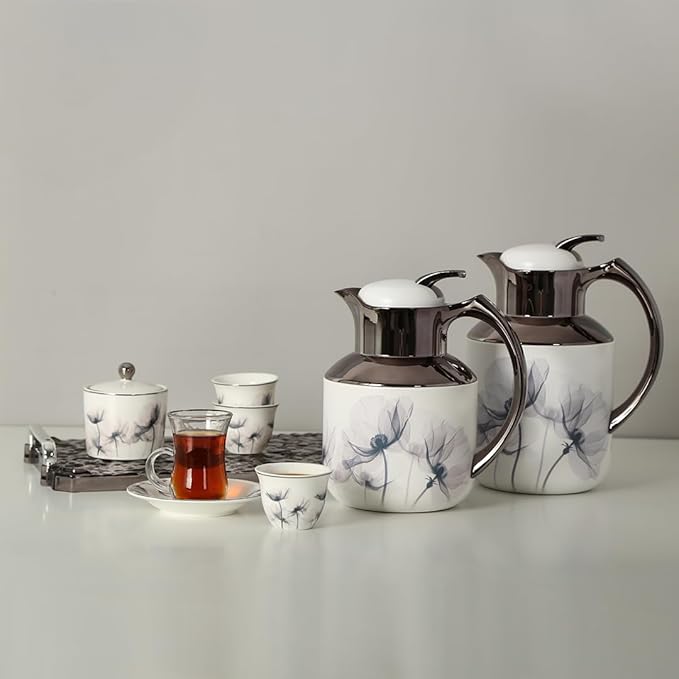 Arabic Coffee Set – 2 Vacuum Flasks (0.5L + 1.0L) with Glass Liner, 6x Porcelain Cawa Cups, Glass Tea Cups with Saucers & Sugar Bowl – White & Black Design – REG-TD168 SET