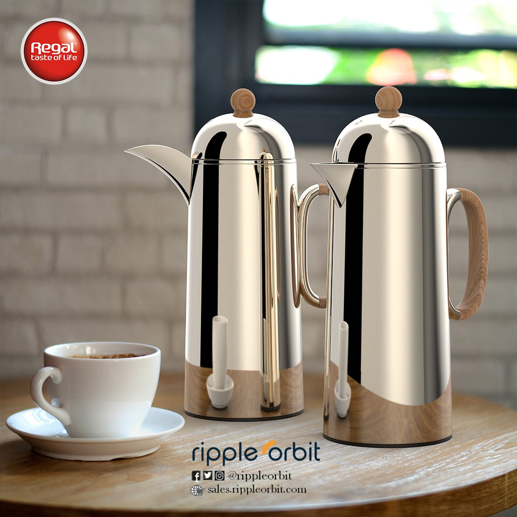 Regal by Ripple 1L + 1L Vacuum Flask Set – Double Wall Stainless Steel Coffee & Tea Server with Glass Liner, Insulated Hot & Cold Beverage Carafe, Elegant Arabic Dallah Style (8 Colors Available)