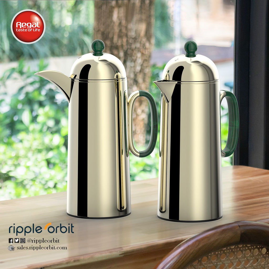 Regal by Ripple 1L + 1L Vacuum Flask Set – Double Wall Stainless Steel Coffee & Tea Server with Glass Liner, Insulated Hot & Cold Beverage Carafe, Elegant Arabic Dallah Style (8 Colors Available)