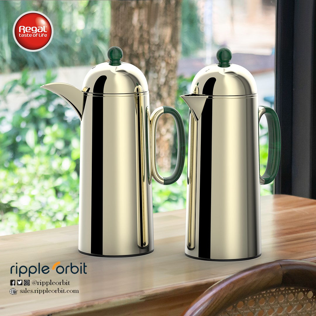 Regal by Ripple 1L + 1L Vacuum Flask Set – Double Wall Stainless Steel Coffee & Tea Server with Glass Liner, Insulated Hot & Cold Beverage Carafe, Elegant Arabic Dallah Style (8 Colors Available)