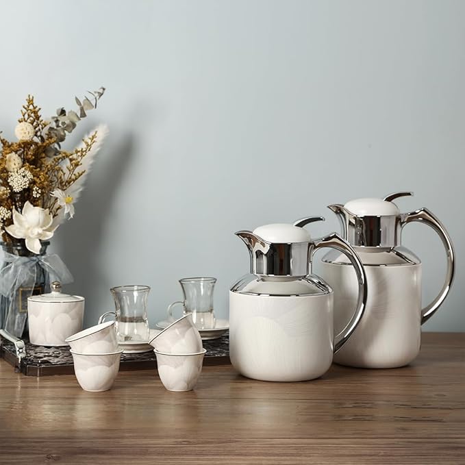 Arabic Coffee Set – 2 Stainless Steel Vacuum Flasks (0.5L + 1.0L) with Glass Liner + 6x Cawa Cups, Glass Tea Cups, Saucers & Sugar Bowl – Premium Porcelain & Chrome Finish – REG-TD167 SET