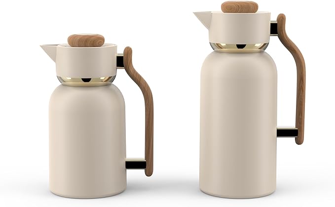 Double Wall Vacuum Flask Set – 1.0L + 1.3L Stainless Steel Insulated Thermal Flask| Minimalist Beige with Wood Finish Handle | Hot & Cold Beverage Server for Home & Office