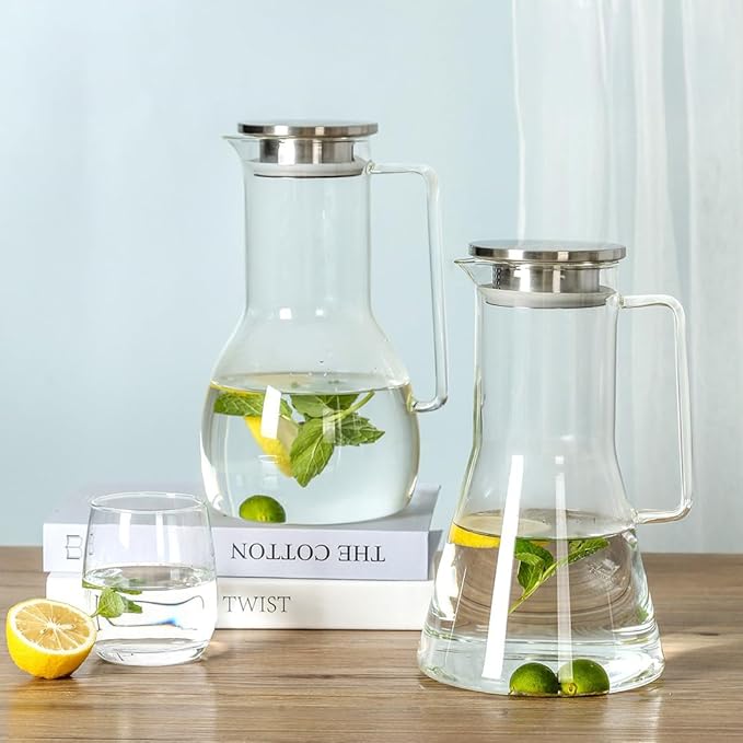 7-Piece Set – 1.8L Glass Jug with 6 Drinking Glasses | Durable Borosilicate Glass, Sleek Stainless Steel Lid | Elegant Water, Juice & Iced Tea Pitcher Set