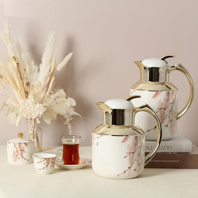 Arabic Coffee & Tea Serving Set | Vacuum Flask Combo with 6 Porcelain Cups, Saucers, Cawa Cups & Sugar Bowl | White & Champagne Gold | Stainless Steel Body + Glass Liner