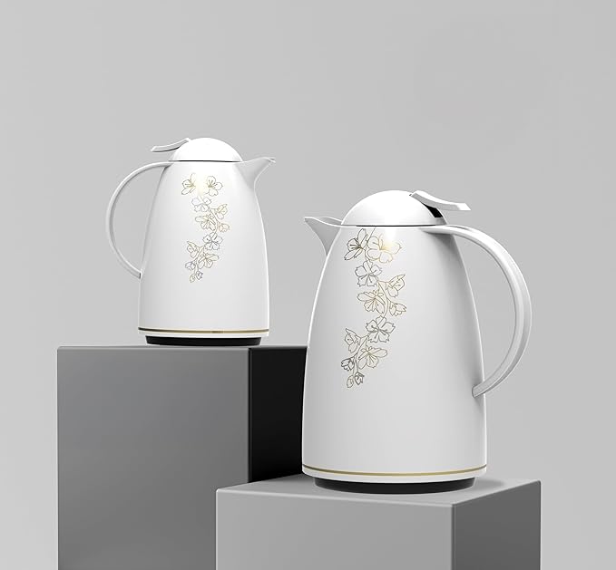 2-Piece Vacuum Flask Set – Plastic Body with Glass Liner – 0.5L+1.0L & 1.5L+2.0L Options – Elegant White Design – Long-Lasting Temperature Retention