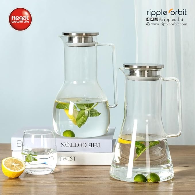 7-Piece Set – 1.8L Glass Jug with 6 Drinking Glasses | Durable Borosilicate Glass, Sleek Stainless Steel Lid | Elegant Water, Juice & Iced Tea Pitcher Set