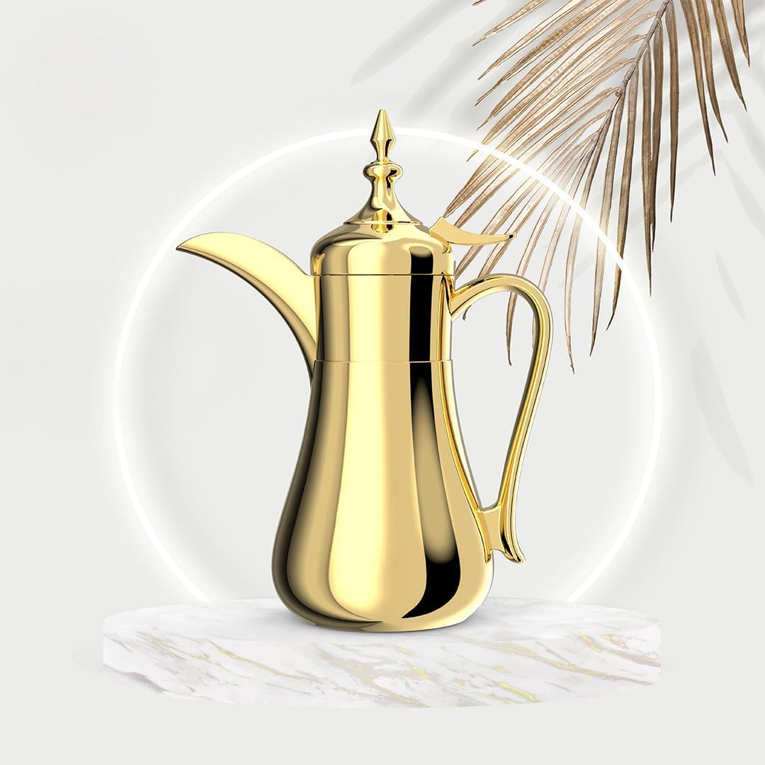 Gold Insulated Water Jug with Tap | Double Wall Stainless Steel Body & Liner | 0.5L, 0.7L, 1.0L Sizes | Keeps Hot & Cold | Elegant Arabic Design