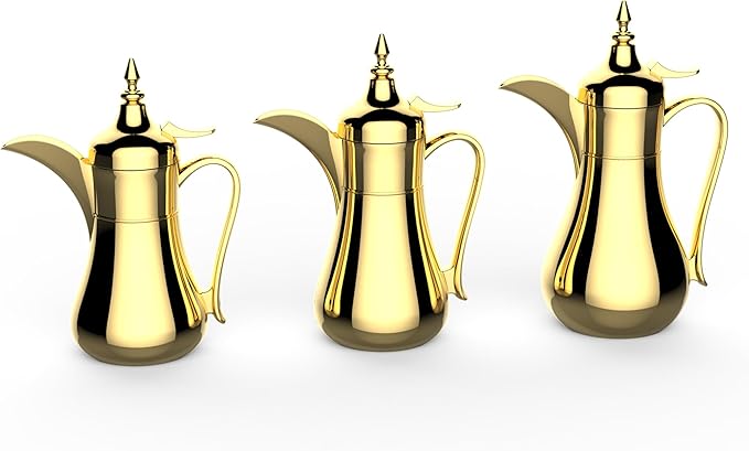 Gold Insulated Water Jug with Tap | Double Wall Stainless Steel Body & Liner | 0.5L, 0.7L, 1.0L Sizes | Keeps Hot & Cold | Elegant Arabic Design