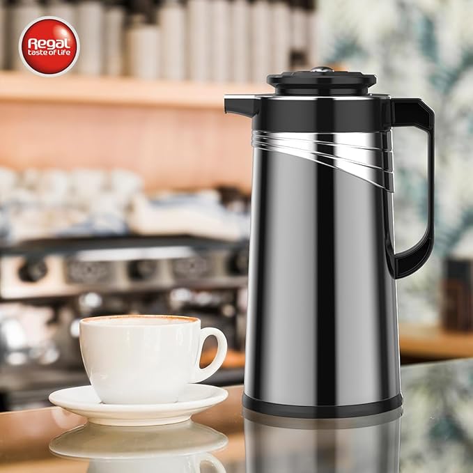 Regal by Ripple 1.3L + 1.6L Vacuum Flask Set – Stainless Steel Body, Glass Liner – Premium Thermal Insulated Carafe for Hot & Cold Beverages – Elegant Gray + Black Design
