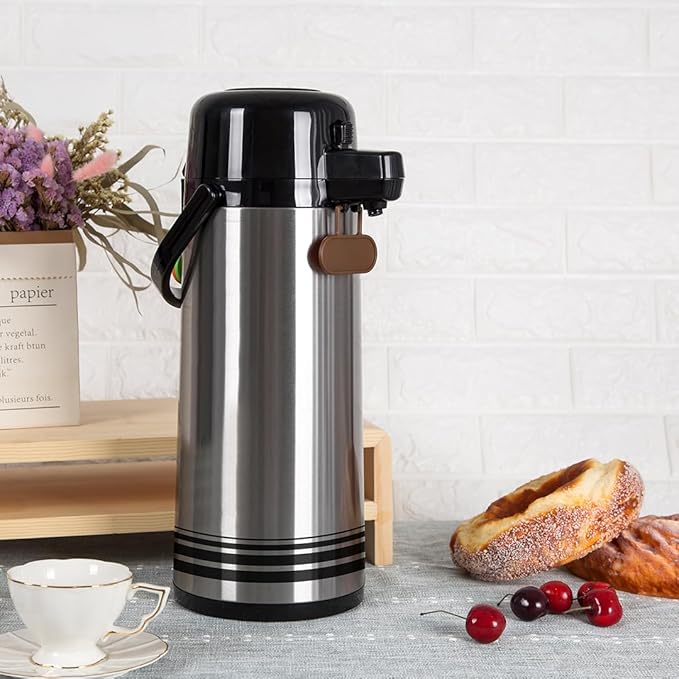 Air Pot Dispenser – 1.9L Stainless Steel Body with Glass Liner | Pump Action Vacuum Flask | Keeps Beverages Hot or Cold | Silver with Black Lid – Ideal for Events & Office