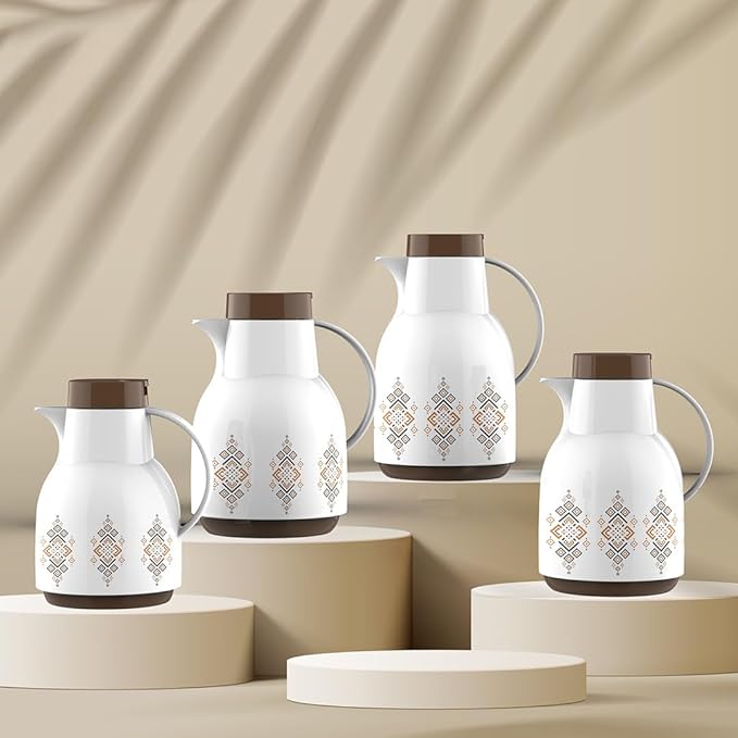 RDQ Vacuum Flask | 0.5L – 2L | Plastic Body with Glass Liner | White + Brown Design | Hot & Cold Thermos Jug