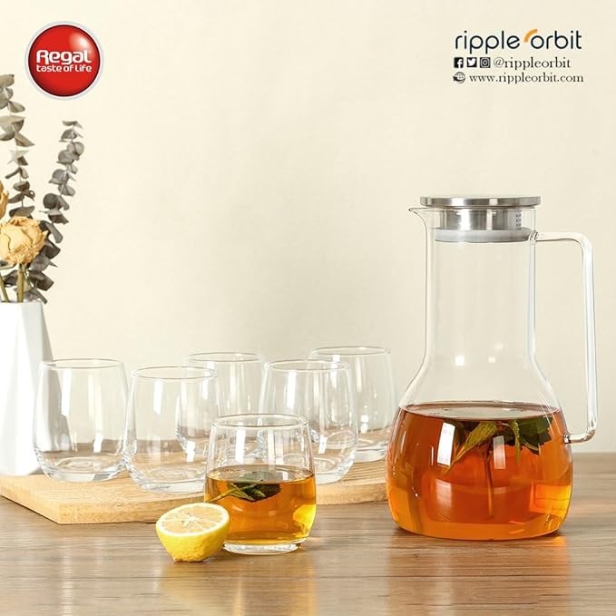 7-Piece Set – 1.8L Glass Jug with 6 Drinking Glasses | Durable Borosilicate Glass, Sleek Stainless Steel Lid | Elegant Water, Juice & Iced Tea Pitcher Set