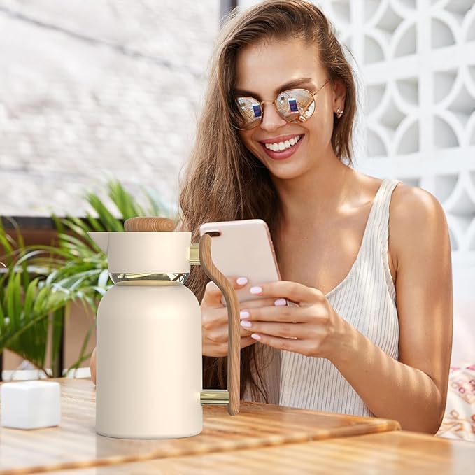 Double Wall Vacuum Flask Set – 1.0L + 1.3L Stainless Steel Insulated Thermal Flask| Minimalist Beige with Wood Finish Handle | Hot & Cold Beverage Server for Home & Office