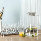 7-Piece Set – 1.8L Glass Jug with 6 Drinking Glasses | Durable Borosilicate Glass, Sleek Stainless Steel Lid | Elegant Water, Juice & Iced Tea Pitcher Set