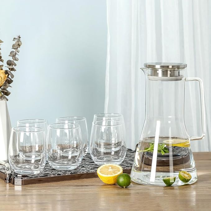7-Piece Set – 1.8L Glass Jug with 6 Drinking Glasses | Durable Borosilicate Glass, Sleek Stainless Steel Lid | Elegant Water, Juice & Iced Tea Pitcher Set