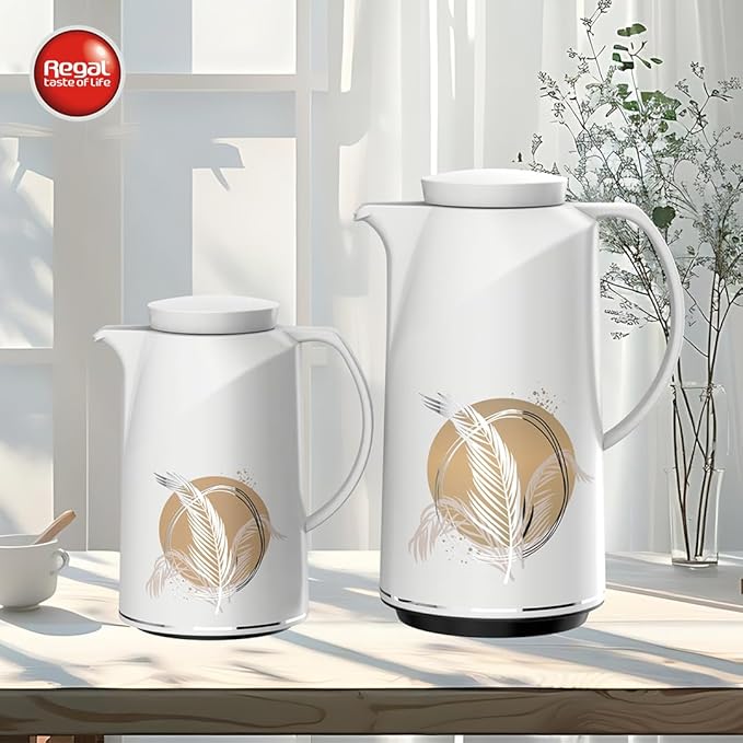 Vacuum Flask Set – 0.5L + 1.0L – Plastic Body with Glass Inner Liner – Elegant Beige Design – Hot & Cold Beverage Thermal Insulated Flasks