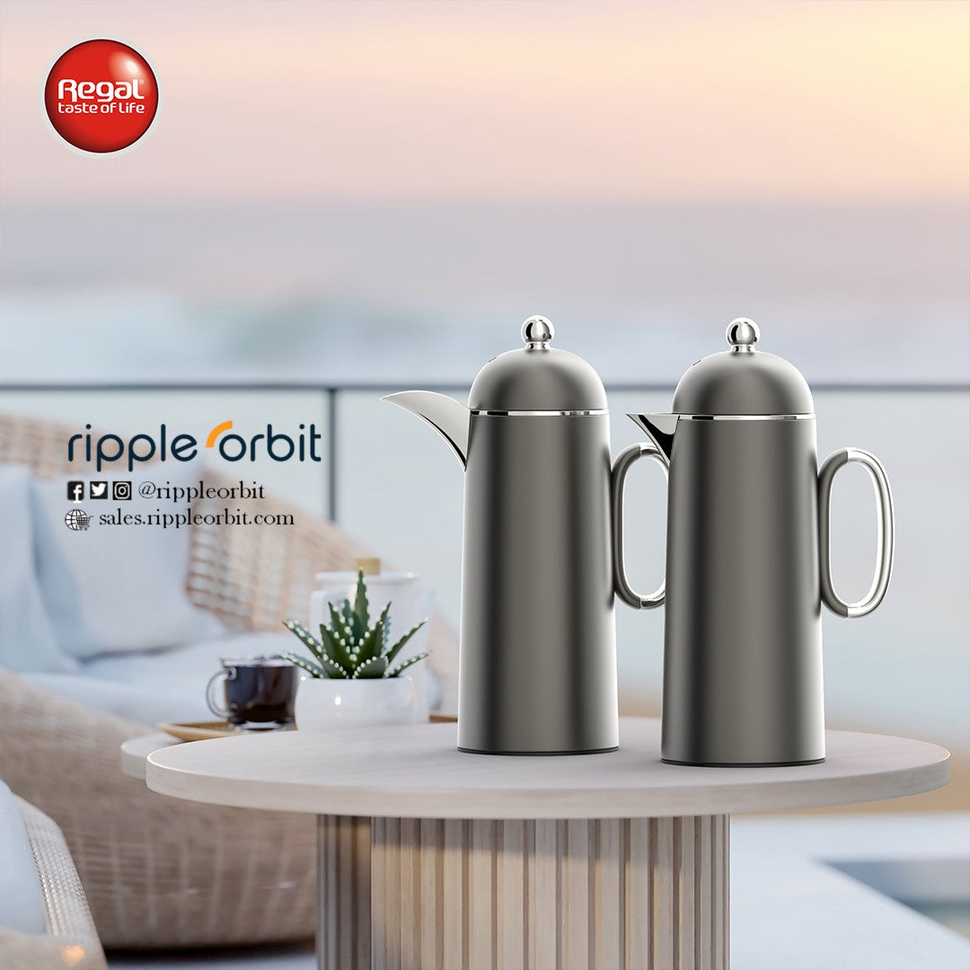Regal by Ripple 1L + 1L Vacuum Flask Set – Double Wall Stainless Steel Coffee & Tea Server with Glass Liner, Insulated Hot & Cold Beverage Carafe, Elegant Arabic Dallah Style (8 Colors Available)