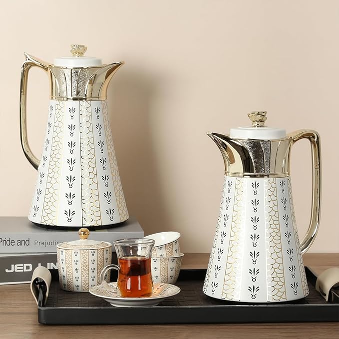 Arabic Tea & Coffee Set – 0.5L + 1L Vacuum Flask with Glass Liner | 6pcs Cups, Saucers, Cawa Cups & Sugar Bowl | White & Gold Stainless Steel & Porcelain Gift Set