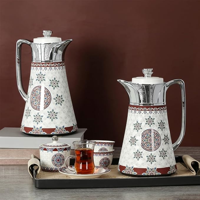 Arabic Coffee & Tea Set – 0.5L + 1L Vacuum Flask with Glass Liner | 6pcs Cups, Saucers, Cawa Cups & Sugar Bowl | Luxury White & Red Stainless Steel & Porcelain Set