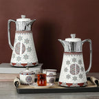 Arabic Coffee & Tea Set – 0.5L + 1L Vacuum Flask with Glass Liner | 6pcs Cups, Saucers, Cawa Cups & Sugar Bowl | Luxury White & Red Stainless Steel & Porcelain Set