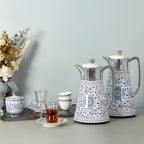 Arabic Coffee & Tea Set – 0.5L + 1L Vacuum Flask with Glass Liner | 6pcs Cups, Saucers, Cawa Cups & Sugar Bowl | Elegant White & Blue Floral Stainless Steel & Porcelain Set