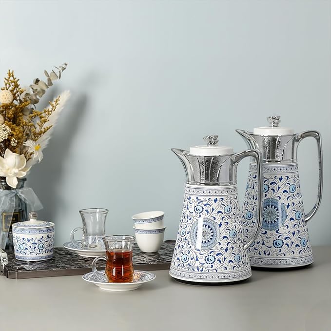 Arabic Coffee & Tea Set – 0.5L + 1L Vacuum Flask with Glass Liner | 6pcs Cups, Saucers, Cawa Cups & Sugar Bowl | Elegant White & Blue Floral Stainless Steel & Porcelain Set