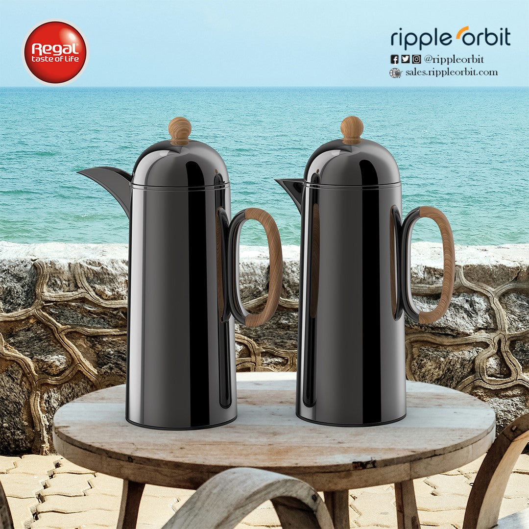 Regal by Ripple 1L + 1L Vacuum Flask Set – Double Wall Stainless Steel Coffee & Tea Server with Glass Liner, Insulated Hot & Cold Beverage Carafe, Elegant Arabic Dallah Style (8 Colors Available)