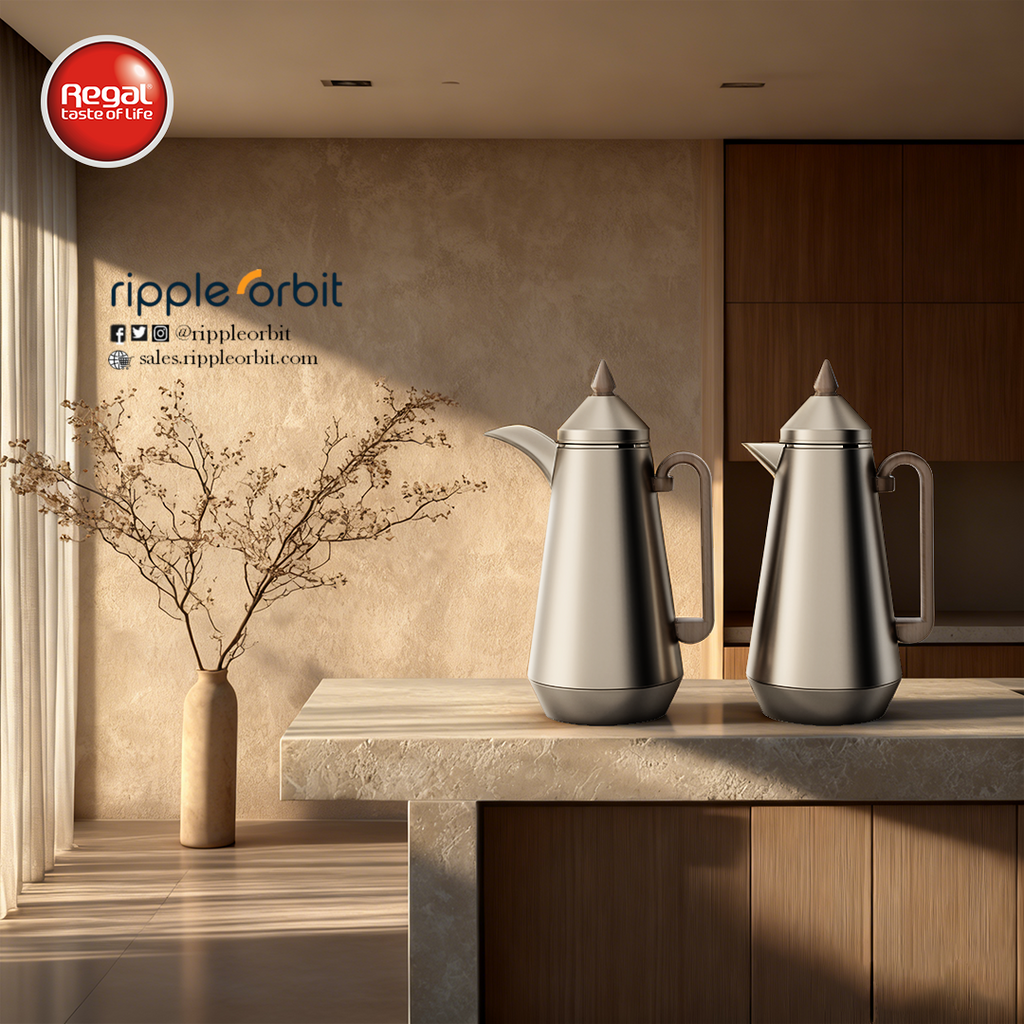 Regal by Ripple Vacuum Flask Set (2 x 1L), Double Wall Stainless Steel Body with Glass Liner, Hot & Cold Insulated Vacuum Jugs, Leak-Resistant, for Arabic Coffee & Tea