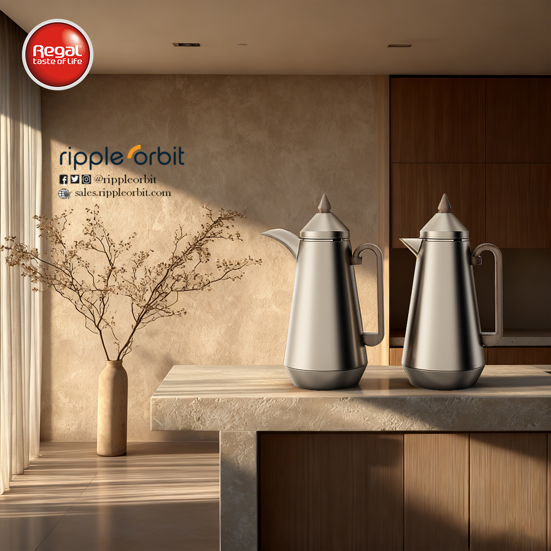 Regal by Ripple Vacuum Flask Set (2 x 1L), Double Wall Stainless Steel Body with Glass Liner, Hot & Cold Insulated Vacuum Jugs, Leak-Resistant, for Arabic Coffee & Tea