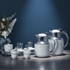 Arabic Coffee Set – 2 Stainless Steel Vacuum Flasks (0.5L + 1.0L) with Glass Liner + 6x Cawa Cups, Glass Tea Cups, Saucers & Sugar Bowl – Premium Porcelain & Chrome Finish – REG-TD167 SET