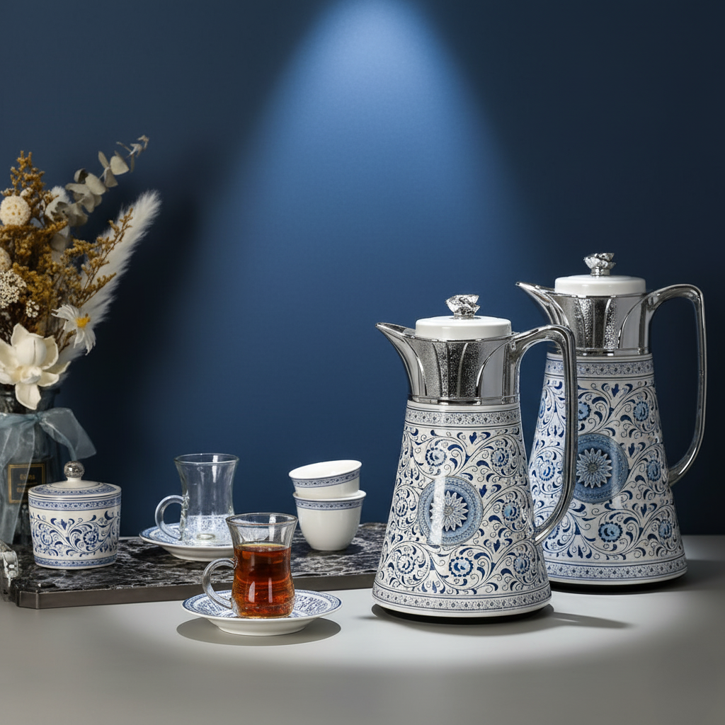 Arabic Coffee & Tea Set – 0.5L + 1L Vacuum Flask with Glass Liner | 6pcs Cups, Saucers, Cawa Cups & Sugar Bowl | Elegant White & Blue Floral Stainless Steel & Porcelain Set
