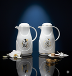 Regal by Ripple 2-Piece Arabic Thermos Set – 0.5L Coffee Flask + 0.5L Tea Flask – White with Gold Arabic Calligraphy – Glass Liner – Hot & Cold Vacuum Flask