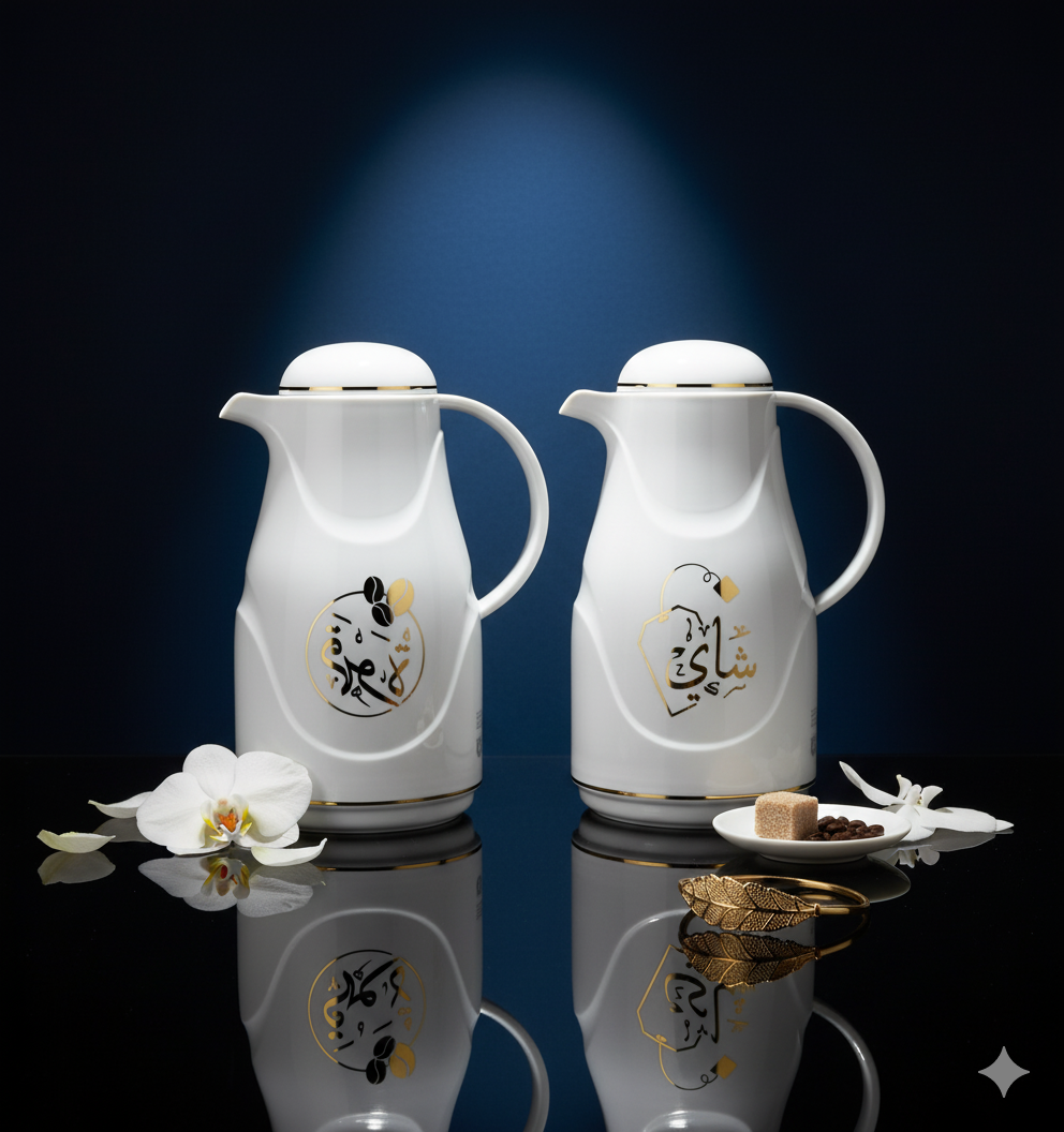 Regal by Ripple 2-Piece Arabic Thermos Set – 0.5L Coffee Flask + 0.5L Tea Flask – White with Gold Arabic Calligraphy – Glass Liner – Hot & Cold Vacuum Flask