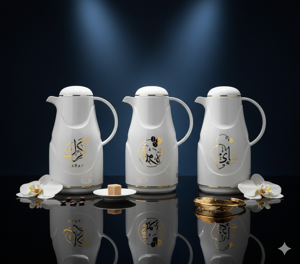 Regal by Ripple 3-Piece Arabic Thermos Set – 1.0L Tea Flask + 1.0L Coffee Flask + 1.0L Karak Flask – White & Champagne Gold – Glass Liner – Hot & Cold Vacuum Flask – REP-10/10/10