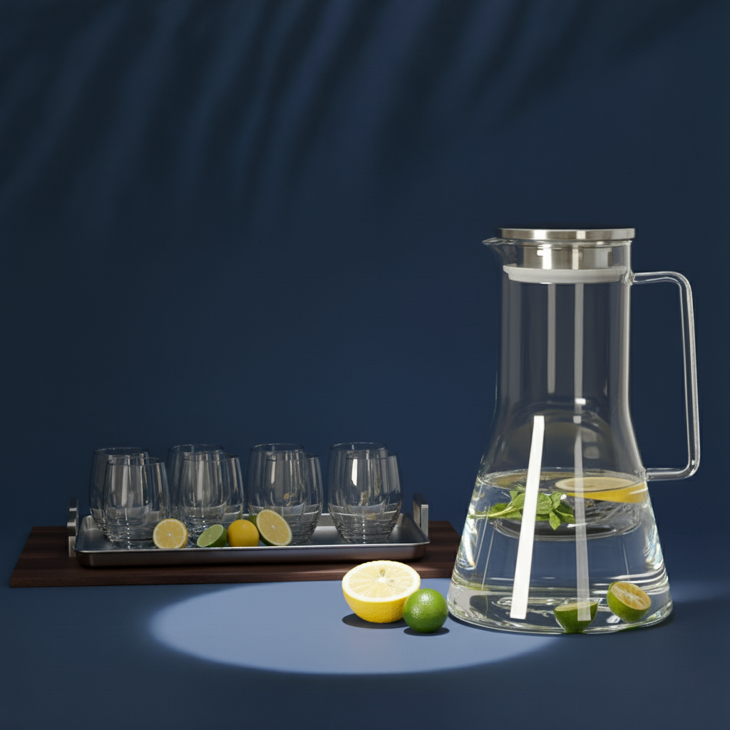 7-Piece Set – 1.8L Glass Jug with 6 Drinking Glasses | Durable Borosilicate Glass, Sleek Stainless Steel Lid | Elegant Water, Juice & Iced Tea Pitcher Set