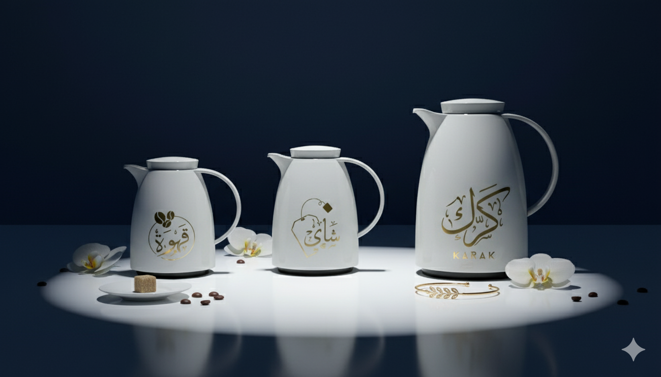 Regal by Ripple 3-Piece Arabic Flask Set – 0.35L + 0.5L + 1L – White with Gold Arabic Design – Tea, Coffee & Karak Thermos – Plastic Body with Glass Liner