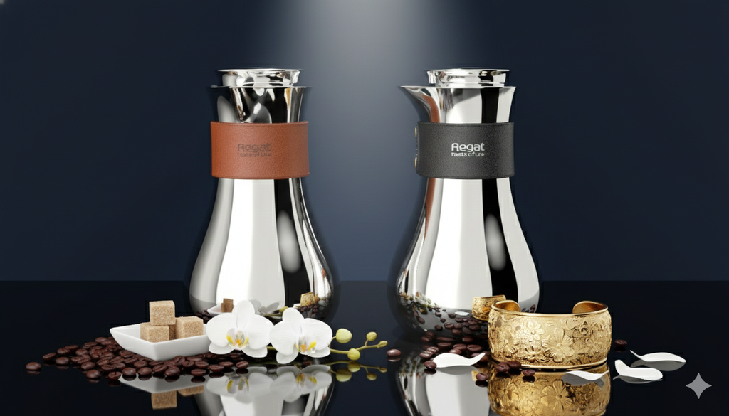 Regal by Ripple TSC09Q Series 0.7 L Vacuum Flask – Double-Wall Stainless-Steel Body & Liner – Silver Finish with Leather Grip (Black or Brown) – Elegant Modern Coffee & Tea Jug