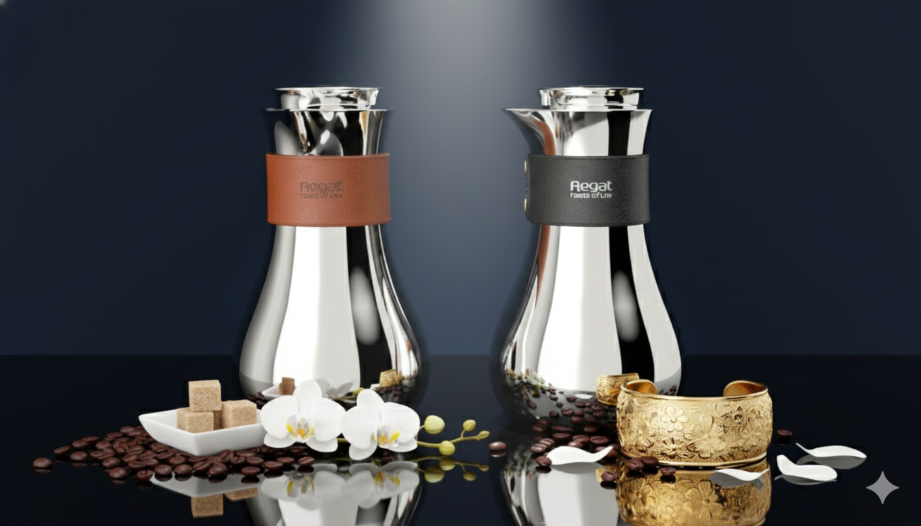 Regal by Ripple TSC09Q Series 0.7 L Vacuum Flask – Double-Wall Stainless-Steel Body & Liner – Silver Finish with Leather Grip (Black or Brown) – Elegant Modern Coffee & Tea Jug