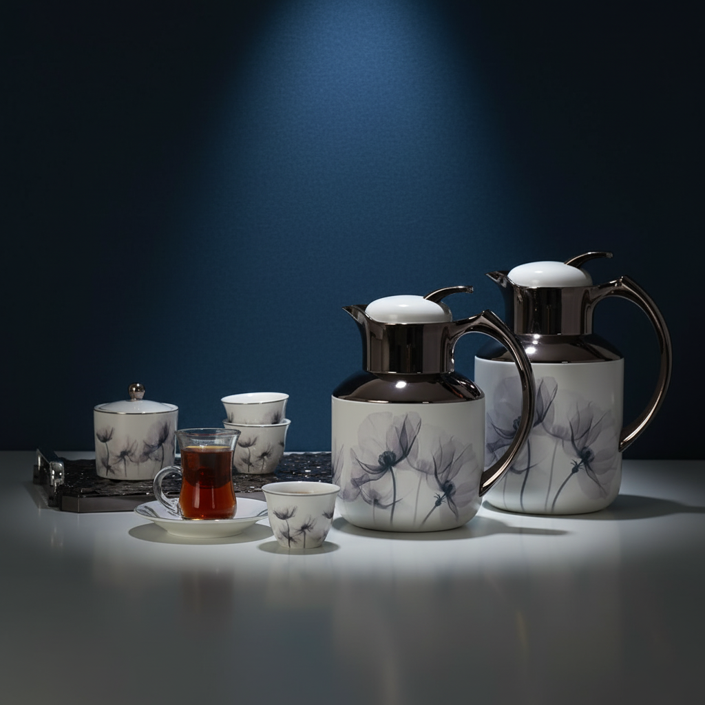 Arabic Coffee & Tea Serving Set | Vacuum Flask Combo with 6 Porcelain Cups, Saucers, Cawa Cups & Sugar Bowl | White & Champagne Gold | Stainless Steel Body + Glass Liner