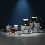 Arabic Coffee & Tea Serving Set | Vacuum Flask Combo with 6 Porcelain Cups, Saucers, Cawa Cups & Sugar Bowl | White & Champagne Gold | Stainless Steel Body + Glass Liner