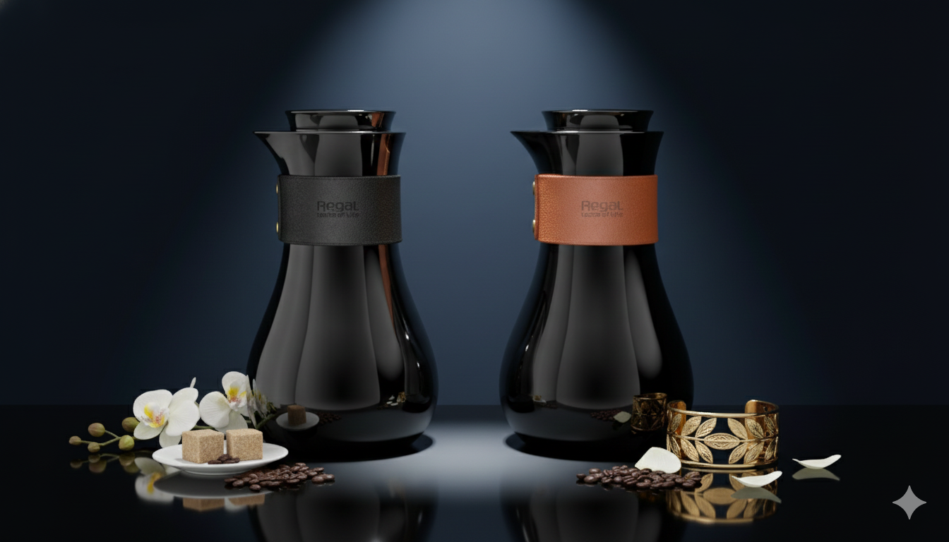 Regal by Ripple TSC09Q Series 0.7L Vacuum Flask – Double-Wall Stainless Steel Body & Liner – Jet Black with Leather Grip (Black or Brown) – Elegant Modern Coffee & Tea Jug