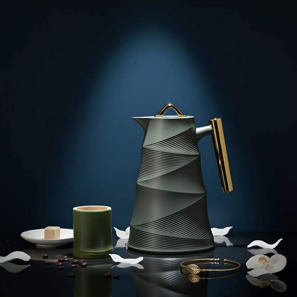 Vacuum Flask – 1.0L – Glass Inner, Plastic Body – Elegant Gold Handle – Hot & Cold – Modern Spiral Design – 4 Colors Available – RGP39