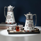 Arabic Coffee & Tea Set – 0.5L + 1L Vacuum Flask with Glass Liner | 6pcs Cups, Saucers, Cawa Cups & Sugar Bowl | Luxury White & Red Stainless Steel & Porcelain Set