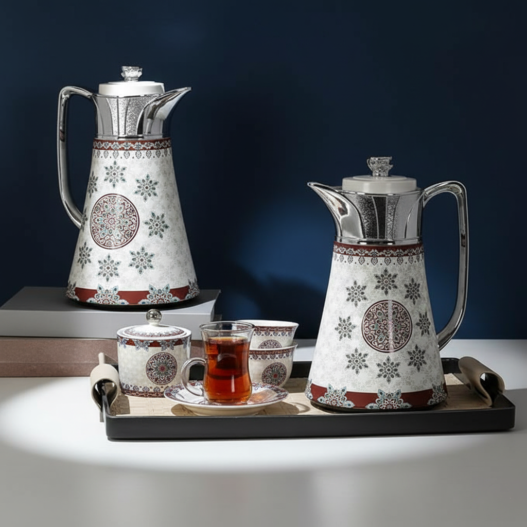 Arabic Coffee & Tea Set – 0.5L + 1L Vacuum Flask with Glass Liner | 6pcs Cups, Saucers, Cawa Cups & Sugar Bowl | Luxury White & Red Stainless Steel & Porcelain Set