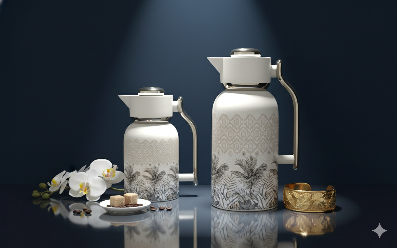 Regal by Ripple 2-Piece Double-Wall Vacuum Flask Set (1.0 L + 1.3 L) – Full Stainless Steel Body & Liner – Beige Palm Edition – Elegant Tropical Pattern – TSC10Q Series